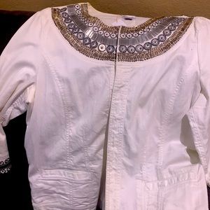 Chicos Jean Denim Jacket Coat Metal Beaded Neckline White Womens Size 3/14